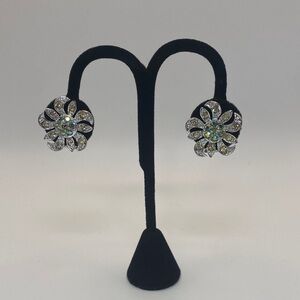 Vintage Sarah Cov Silver Tone Aurora Borealis Clear Rhinestone Clip On Earrings